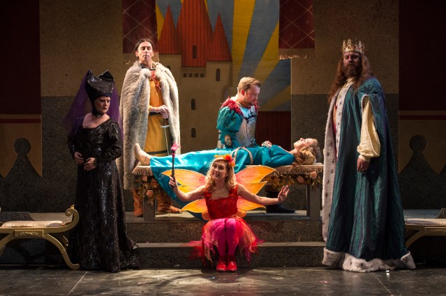 The cast of Sleeping Beauty – L to R - – Jo Donnelly, Tommy Wallace, Kathryn Aiken, Sam T  McKee, Beccy Henderson and Richard Ashton