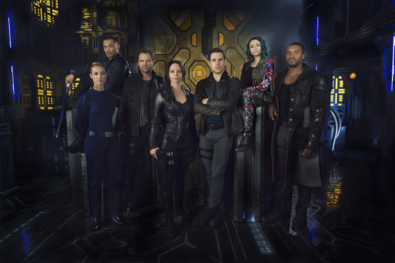 DARK MATTER -- Season:1 -- Pictured: (l-r) Zoie Palmer as The Adroid, Alex Mallari Jr. as Four, Anthony Lemke as Three, Melissa O'Neil as Two, Mark Bendavid as One, Jodelle Ferland as Five, Roger Cross as Six -- (Photo by: Dennys/Ilic/Syfy)