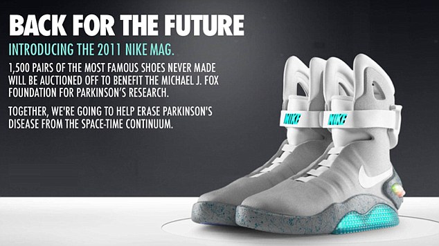 They are probably the most famous trainers in movie history - now the Nike Mags have been released for real on eBay to raise money for the Michael J Fox Foundation for Parkinson's Research. Bids for the Back to the Future 2 trainers - which Michael J Fox's iconic character Marty McFly wore in the movie - are already over $75,000 for one pair. They were unveiled by Fox himself on the David Letterman talk show on Thursday night. Only 1,500 pairs of the trainers, which light-up for up to 5 hours, will be sold. All the proceeds will go to the foundation and will be matched by other contributors, for up to $50m. The actor, who recently turned 50, has been battling the condition since the 1990s. Ref: SPL313635 080911 Picture by: eBay / Nike / Splash News Splash News and Pictures Los Angeles: 310-821-2666 New York: 212-619-2666 London: 870-934-2666 photodesk@splashnews.com 
